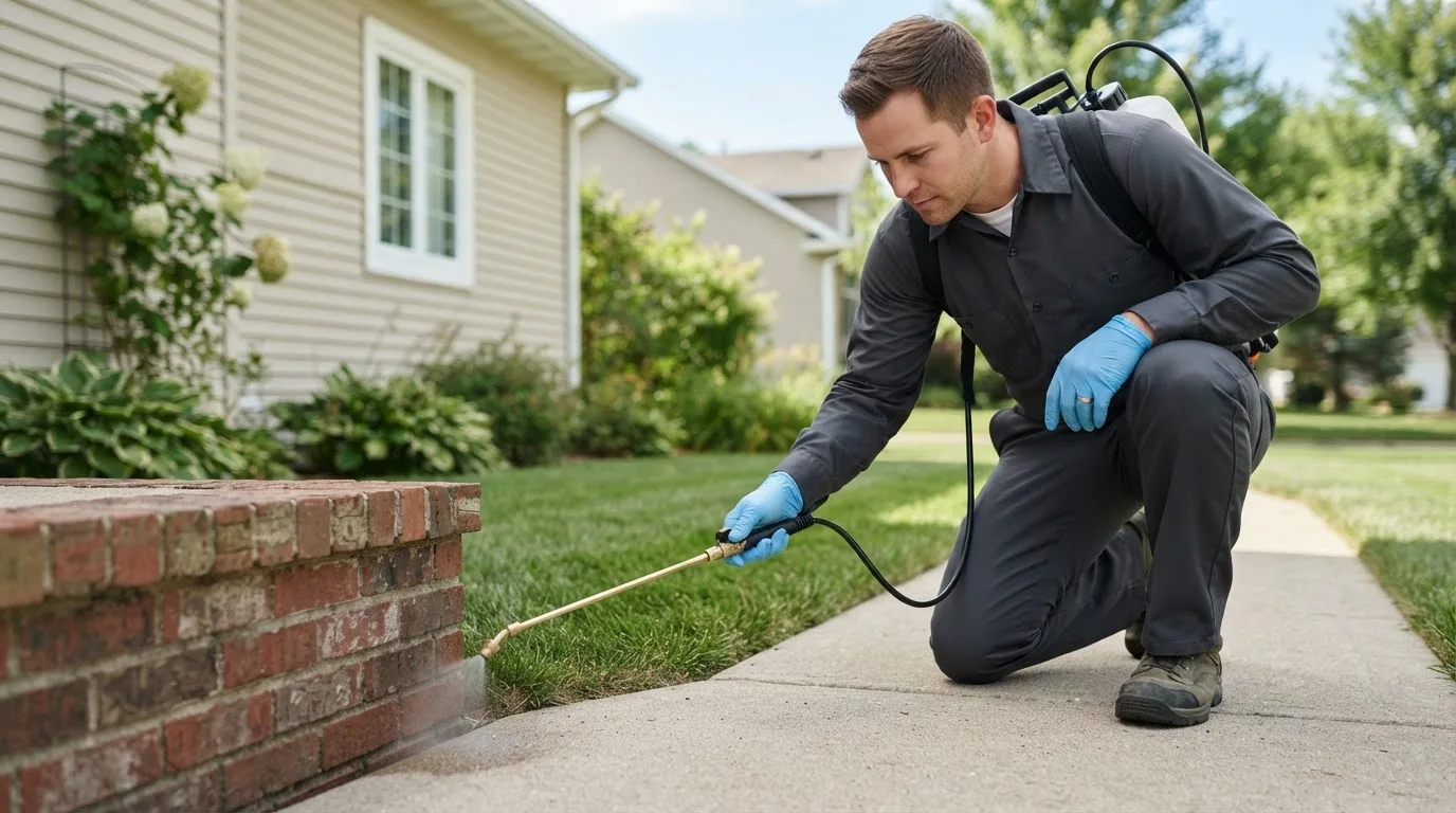 Pest control technician treating a home near Eastham, MA